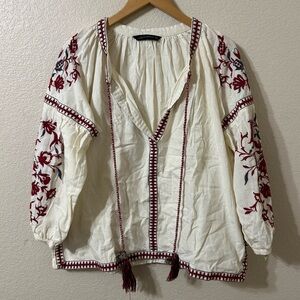 Zara Peasant Floral Embroidered Blouse in White - Size Large
